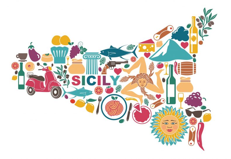 Stylized map of Sicily with traditional symbols